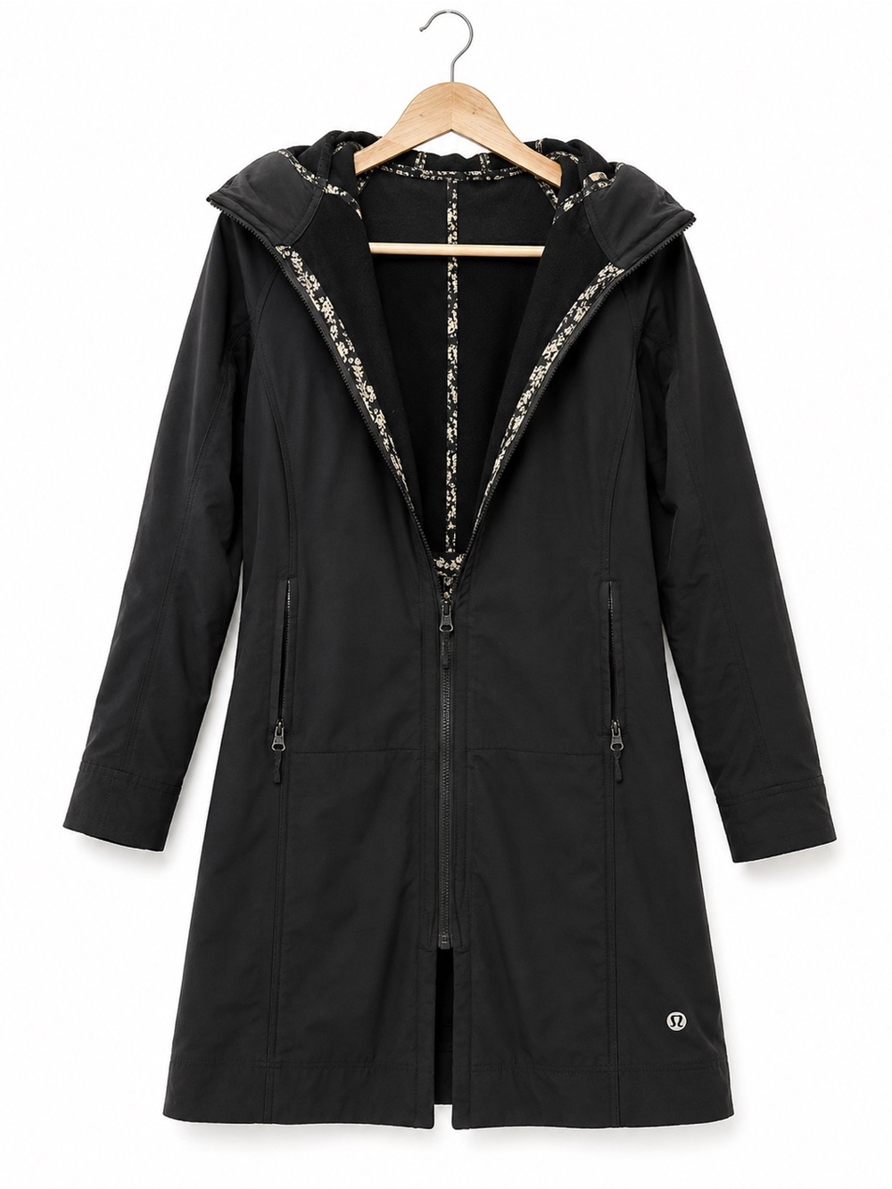 Lululemon Black Fleece Lined Hooded Long Jacket Coat Approx Size 6 - Picture 3 of 7